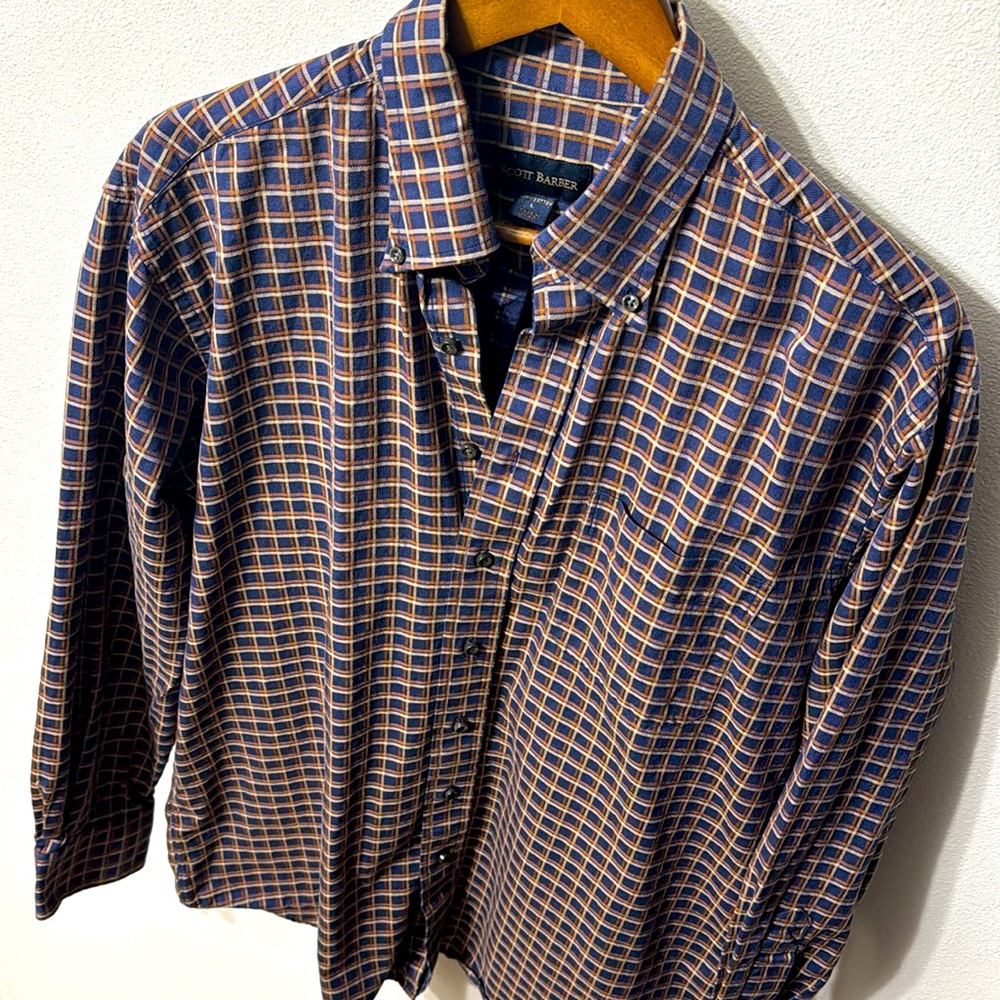 Scott Barber Blue and Brown Plaid Button Down Shirt - 100% Cotton - Size Large